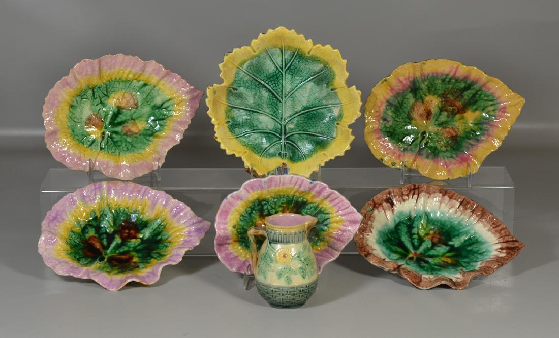 7 Pieces Etruscan Majolica to include, 6  leaf dishes, (1 of 7)
