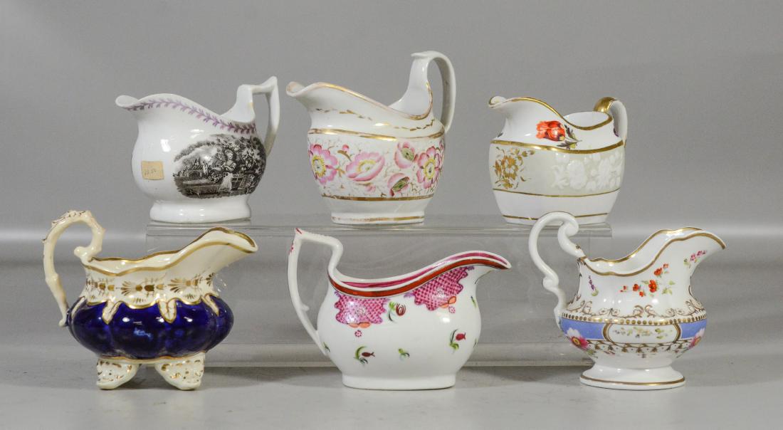 6 English pottery creamers, one marked Spode, transfer: 6 English pottery creamers, one marked Spode, transfer & floral decorated, tallest 4"
