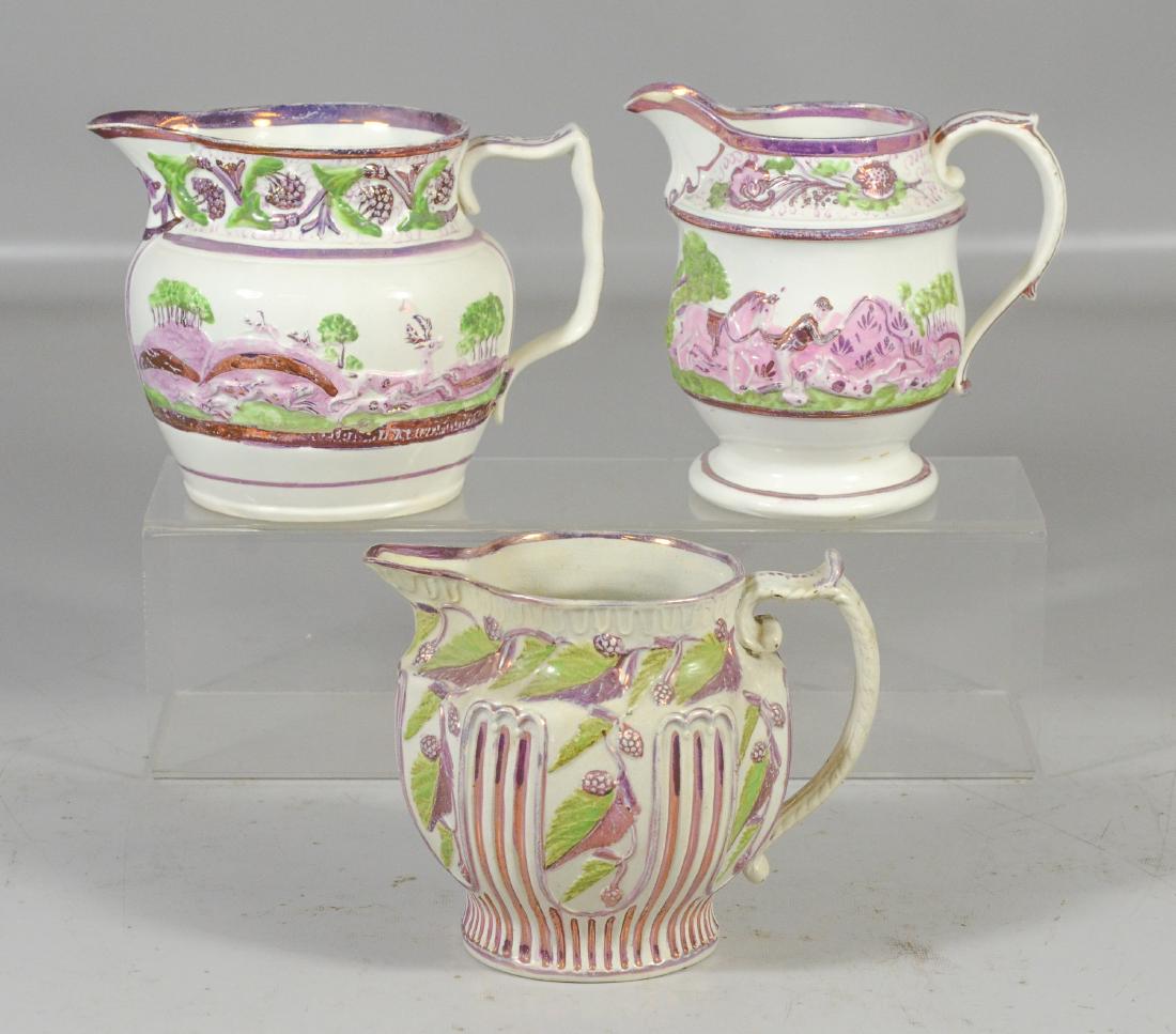 3 Early English pink lustre pitchers, 2 with hunt (1 of 2)