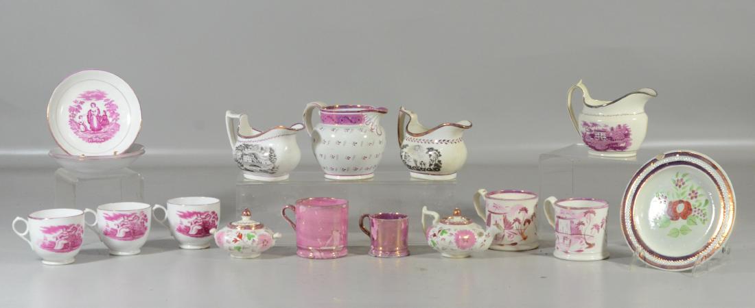17 Pieces pink lustre decorated pottery, to include: (1 of 8)