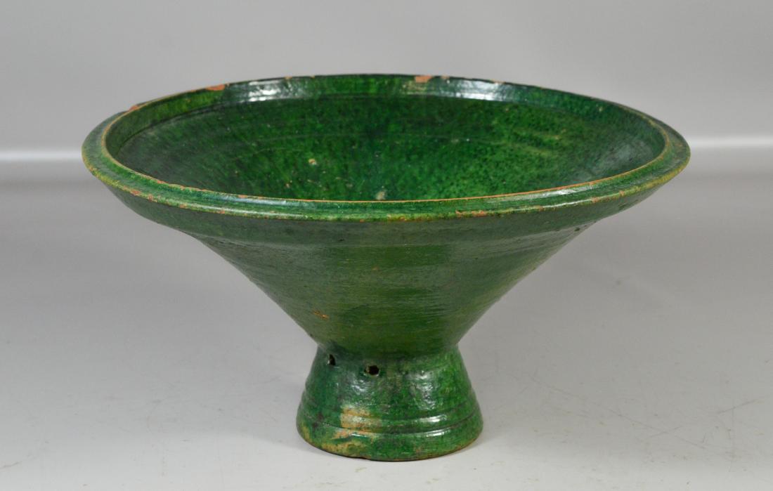 Middle Eastern green glazed pottery footed bowl, (1 of 4)