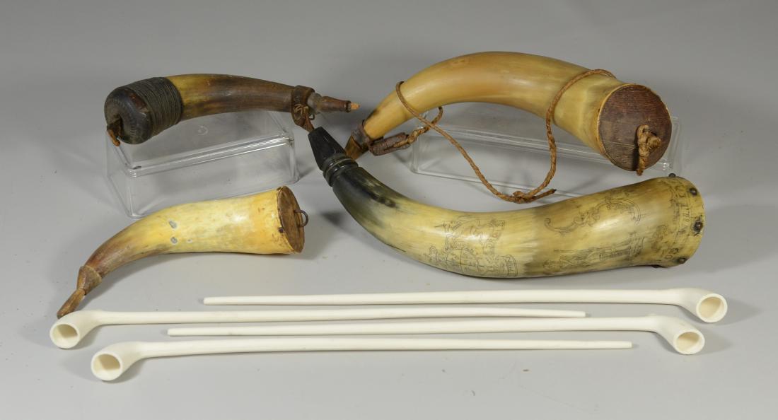 8 Pieces, to include: 4 horn powder horns, one with (1 of 2)