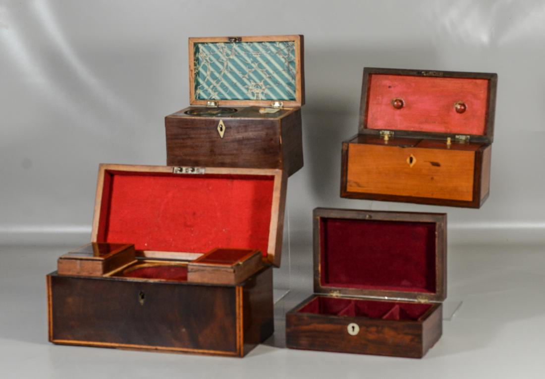 4 English boxes, to include: Georgian tea box with line (1 of 5)