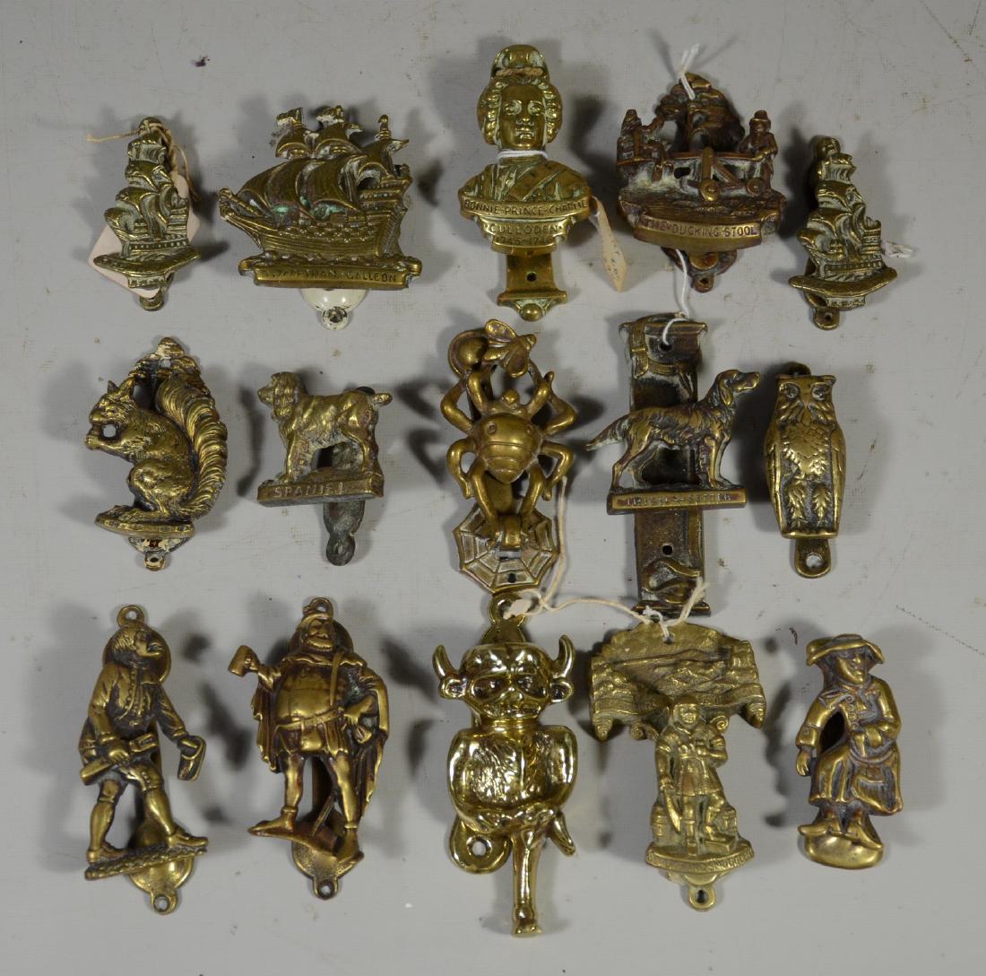 15 Figural English brass door knockers, dogs, squirrel, (1 of 4)