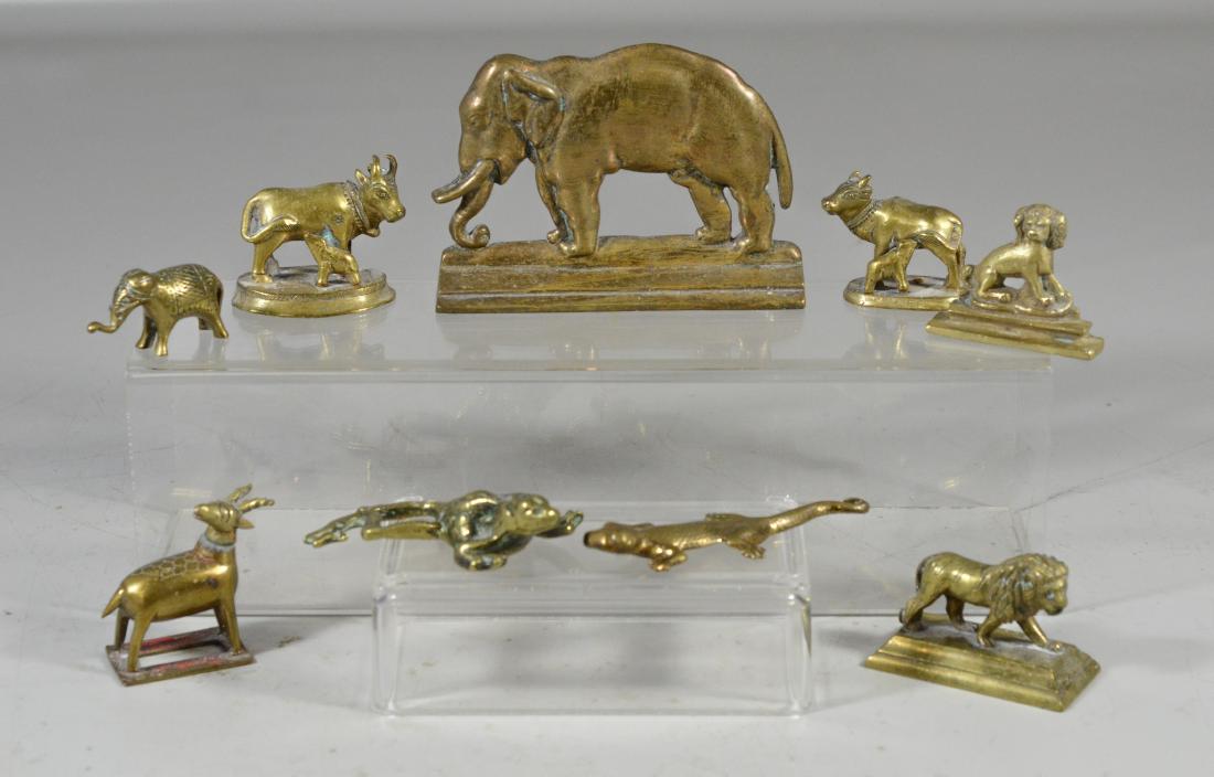 9 Pieces English & Indian brass figures, including gilt: 9 Pieces English & Indian brass figures, including gilt figures of Nandi, King Charles Spaniel, tallest 4"