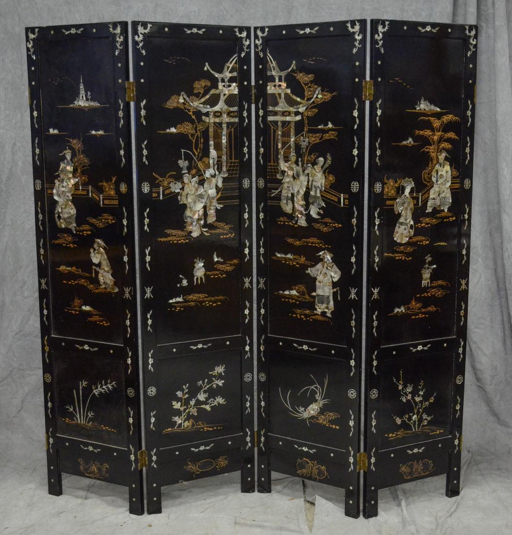 4 Panel Chinese Lacquered Mother of Pearl Inlay screen, (1 of 13)