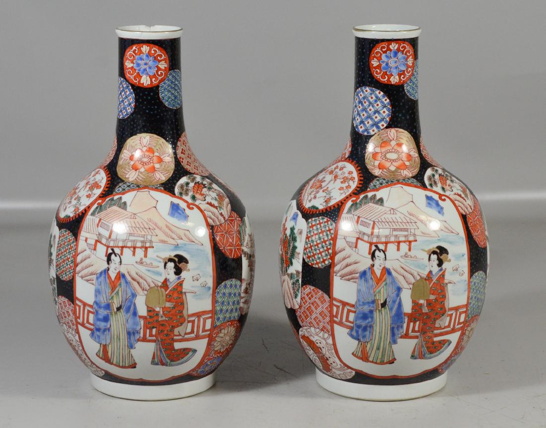 Pair of Japanese porcelain bottle vases, damage to one (1 of 8)