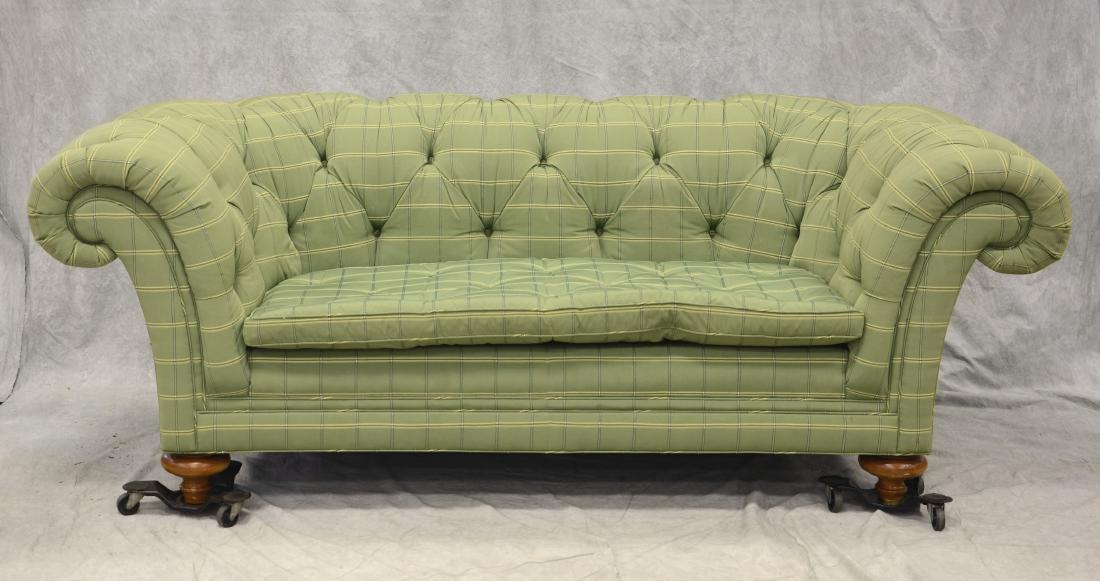Baker green plaid upholstered sofa, approx 33" h, 90" (1 of 3)