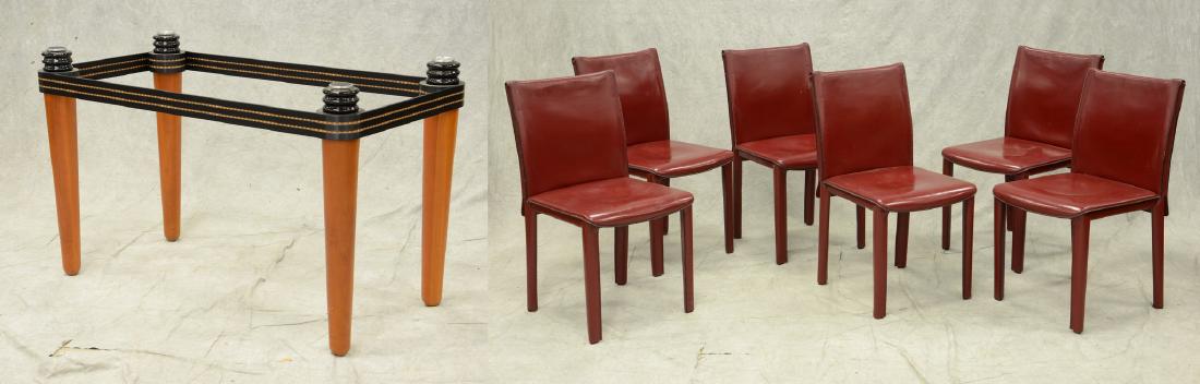 Glass top table and 6 red leather upholstered side (1 of 6)