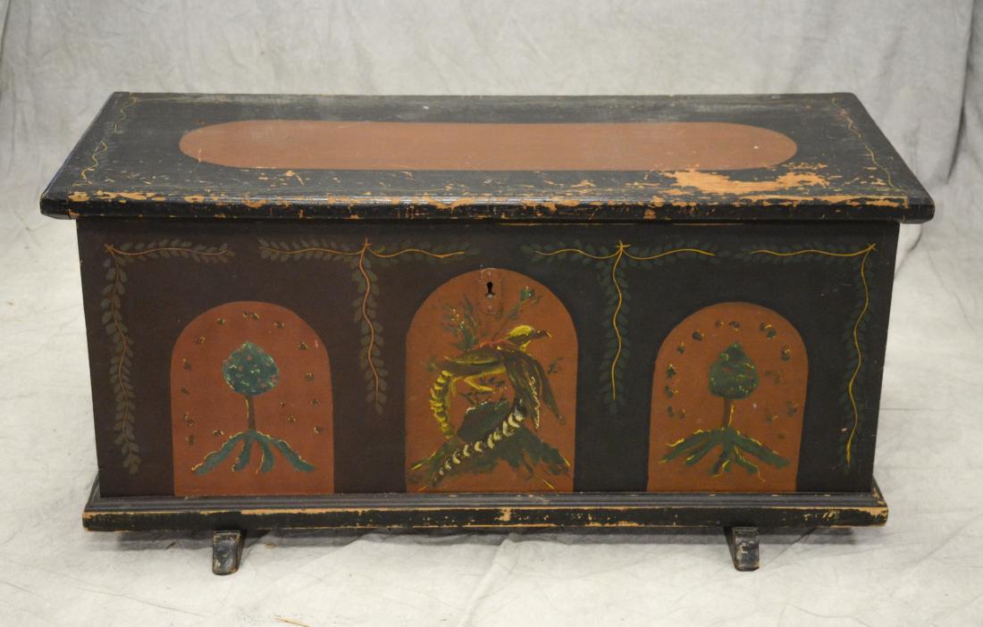 Shoe foot softwood blanket chest, later paint depicting: Shoe foot softwood blanket chest, later paint depicting trees & bird, strap hinges, crab lock, 51" w, 24" d, 24" h, 18th c