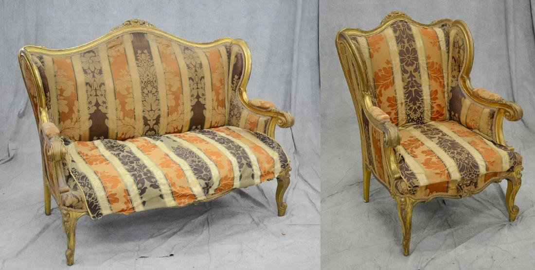Two piece Louis XV style carved and giltwood sofa and (1 of 7)