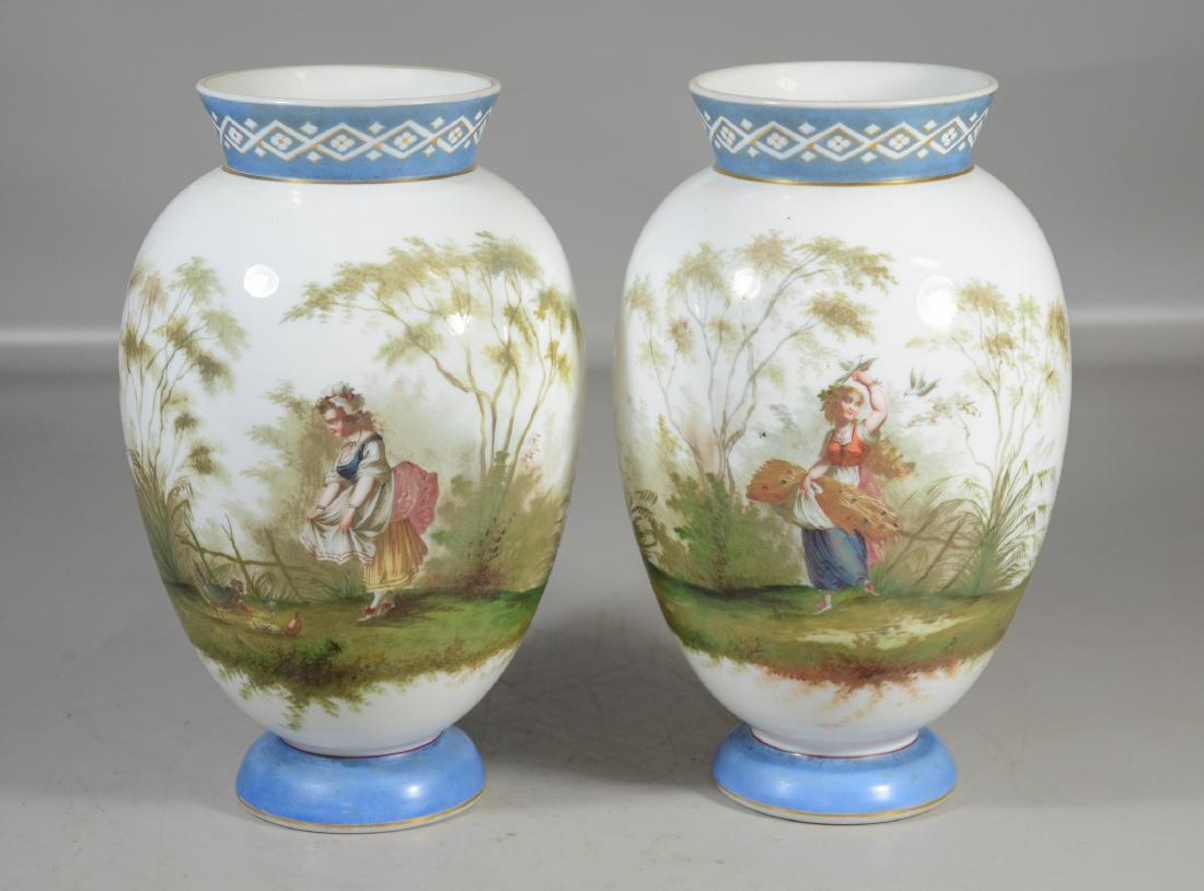 Pair of Bristol glass vases, both painted with young: Pair of Bristol glass vases, both painted with young women & birds, 12-1/4" h