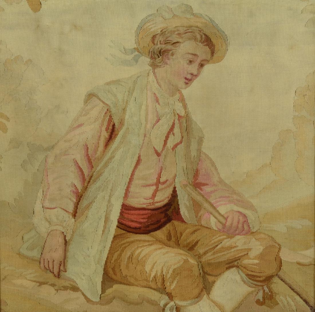 19th century French Aubusson tapestry of a young man,: 19th century French Aubusson tapestry of a young man, Aubusson mounted on plywood, measures 18" x 18", in a 24" x 24 1/2" frame, good condition, gold repaint on gesso frame