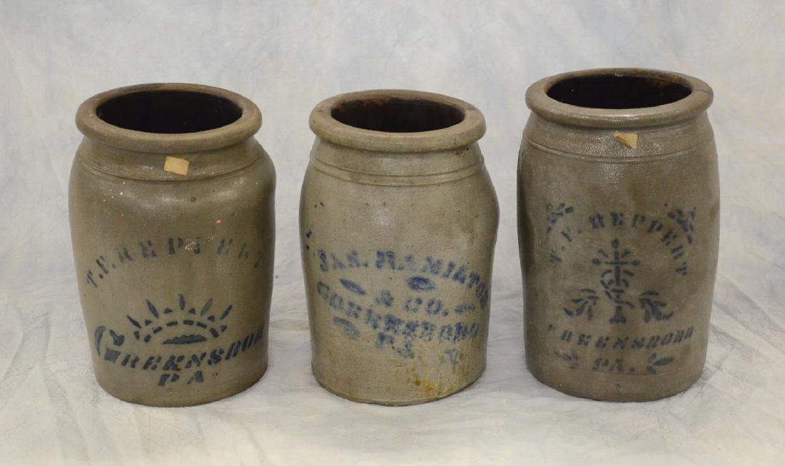 3 Blue decorated stoneware crocks, all from Greensboro (1 of 2)