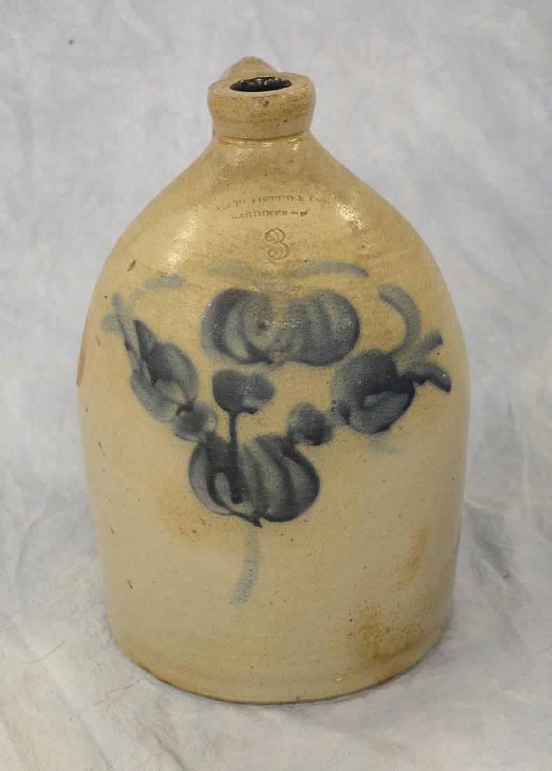 3 Gallon blue decorated stoneware jug, marked "FA (1 of 4)