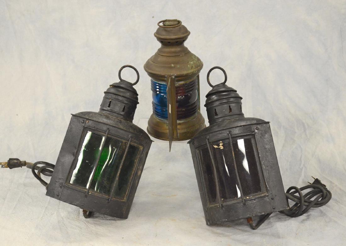 3 Ships lanterns, red & green, 2 iron, one brass, (1 of 4)