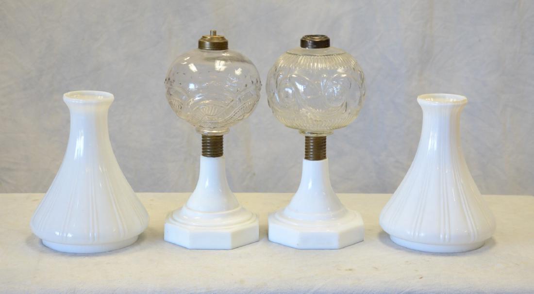 Pr clear pattern glass oil lamps with milk glass bases, (1 of 1)