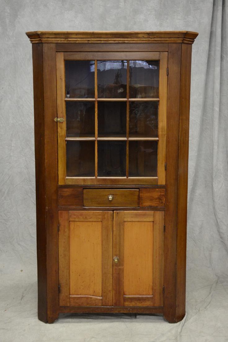 One piece pine corner cupboard, glazed door over one (1 of 4)
