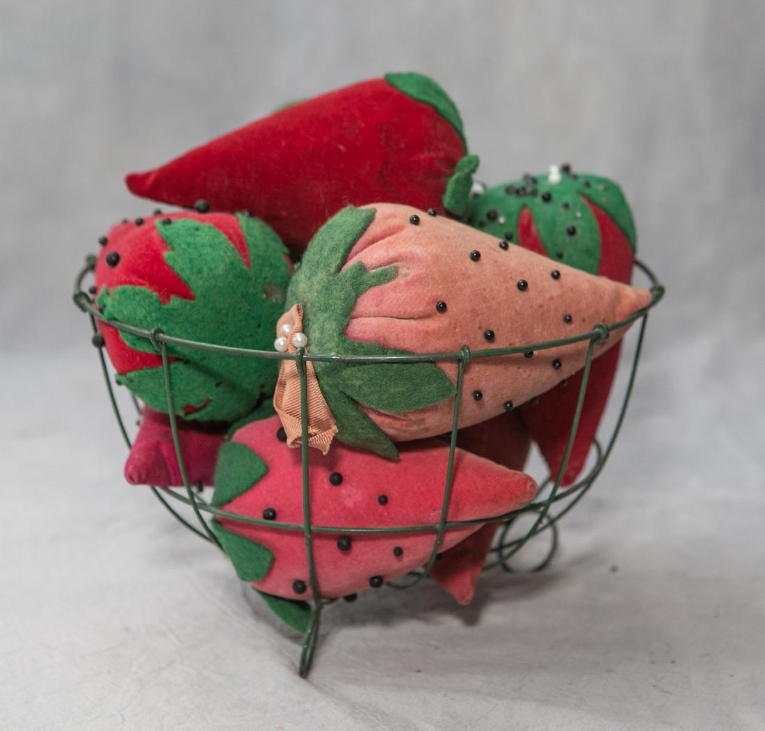 Wire basket with 8 felt strawberry pincushions, approx (1 of 2)