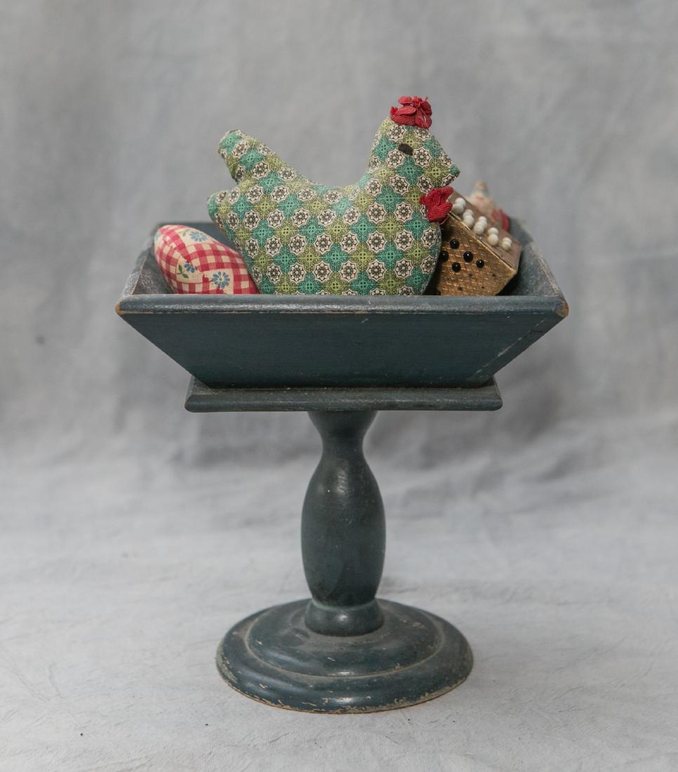 Blue painted wood compote with square top, 7" square, (1 of 2)