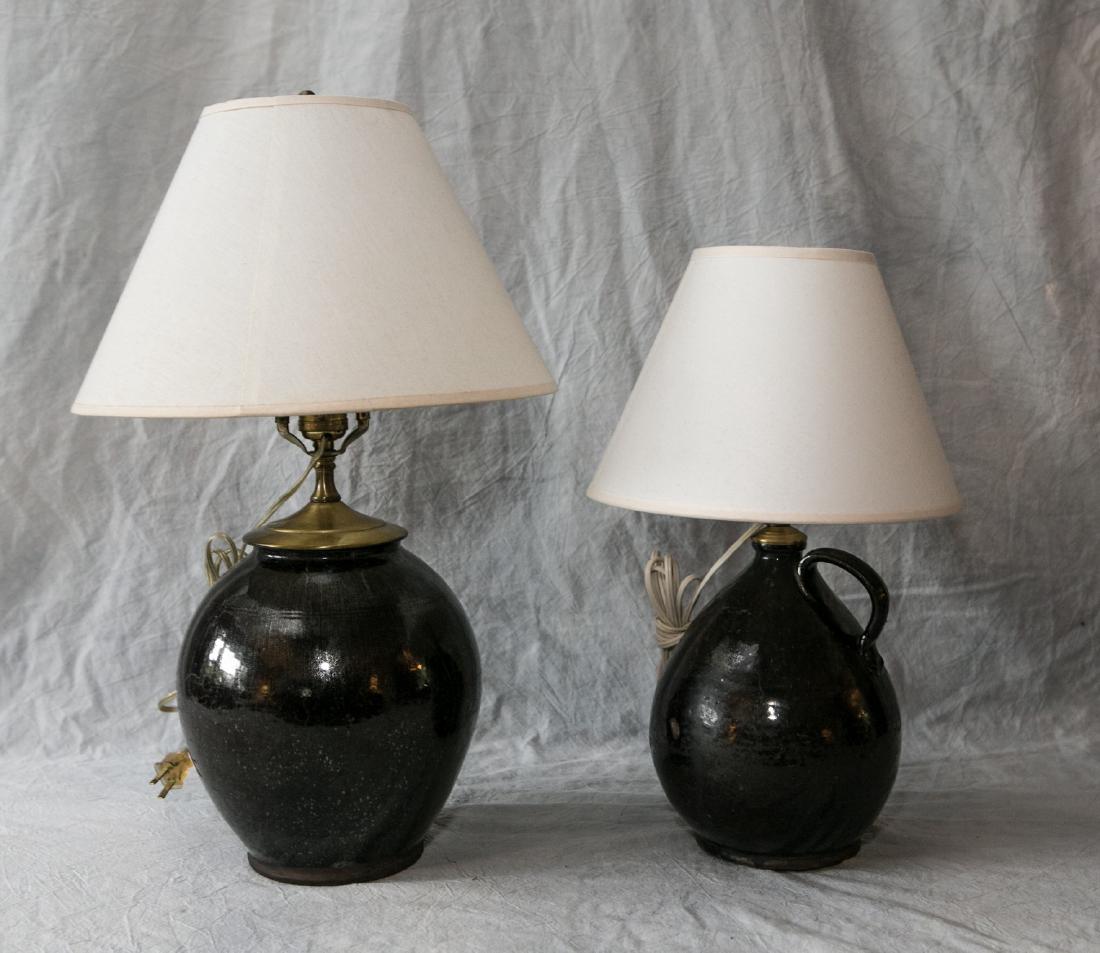 Black glazed redware ovoid jar & jug converted to table (1 of 2)