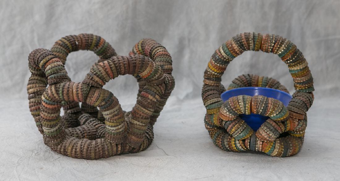 (2) Bottle cap folk art baskets, 9" h x 6-1/2" dia, one (1 of 1)