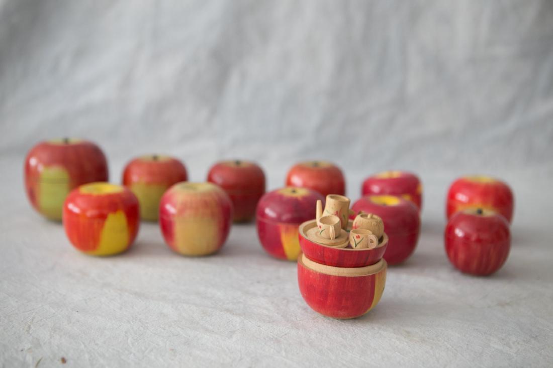(12) Japanese nesting apples with tea sets inside, (1 of 4)