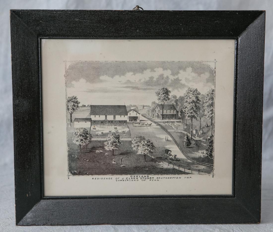 B&W engraving, 20th C, Oakland, "Residence of J Clark: B&W engraving, 20th C, Oakland, "Residence of J Clark Stuart, Southampton Twp, Cumberland Co, Penn", image size 7-1/4" x 9", in a 19th C frame 13" x 15"
