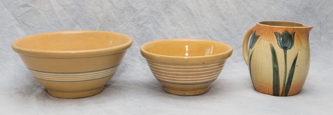 (2) Yellow ware mixing bowls, tan & blue stripes, (1 of 2)
