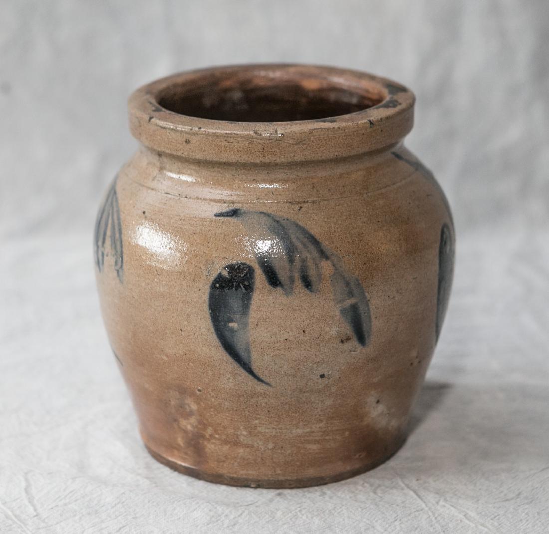 Blue decorated bulbous stoneware jar, no damage noted, (1 of 2)