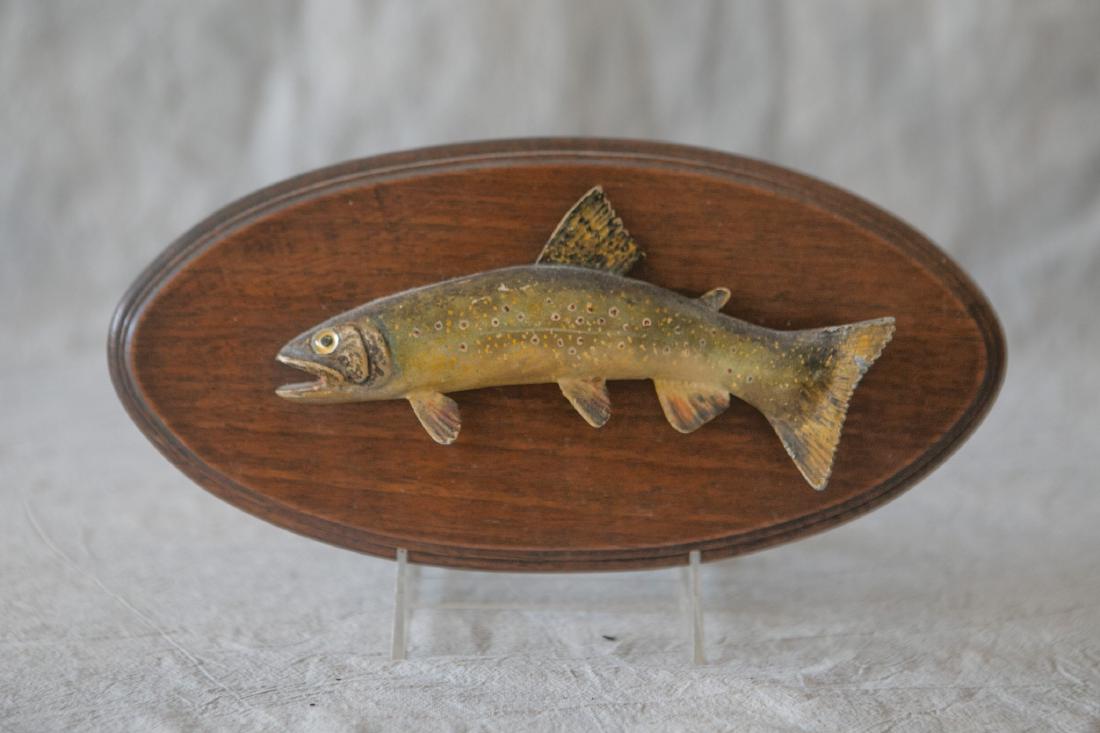 Painted cast metal speckled trout on oval wood plaque, (1 of 1)