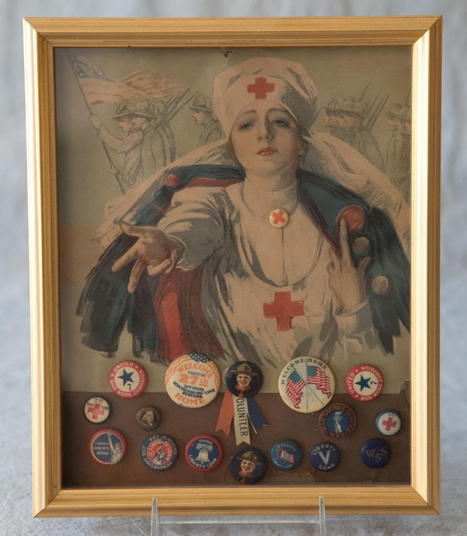 Framed WWI Red Cross print mounted with 17 patriotic & (1 of 3)