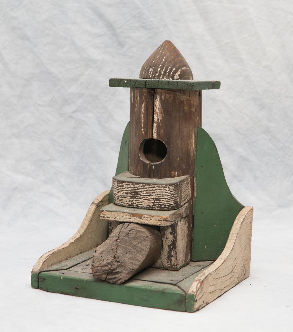 Green & white painted folk art wood birdhouse, 10" h, (1 of 3)