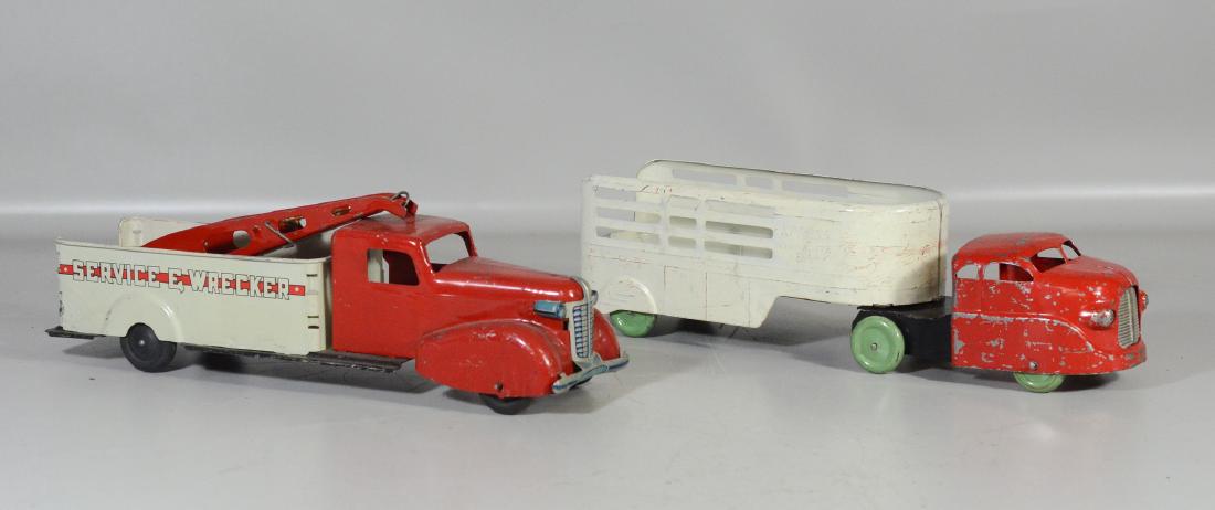 Wyandotte Service Wrecker, 17 3/4" l; with a Wyandotte: Wyandotte Service Wrecker, 17 3/4" l; with a Wyandotte pressed steel Express trailer, 16 1/2" long