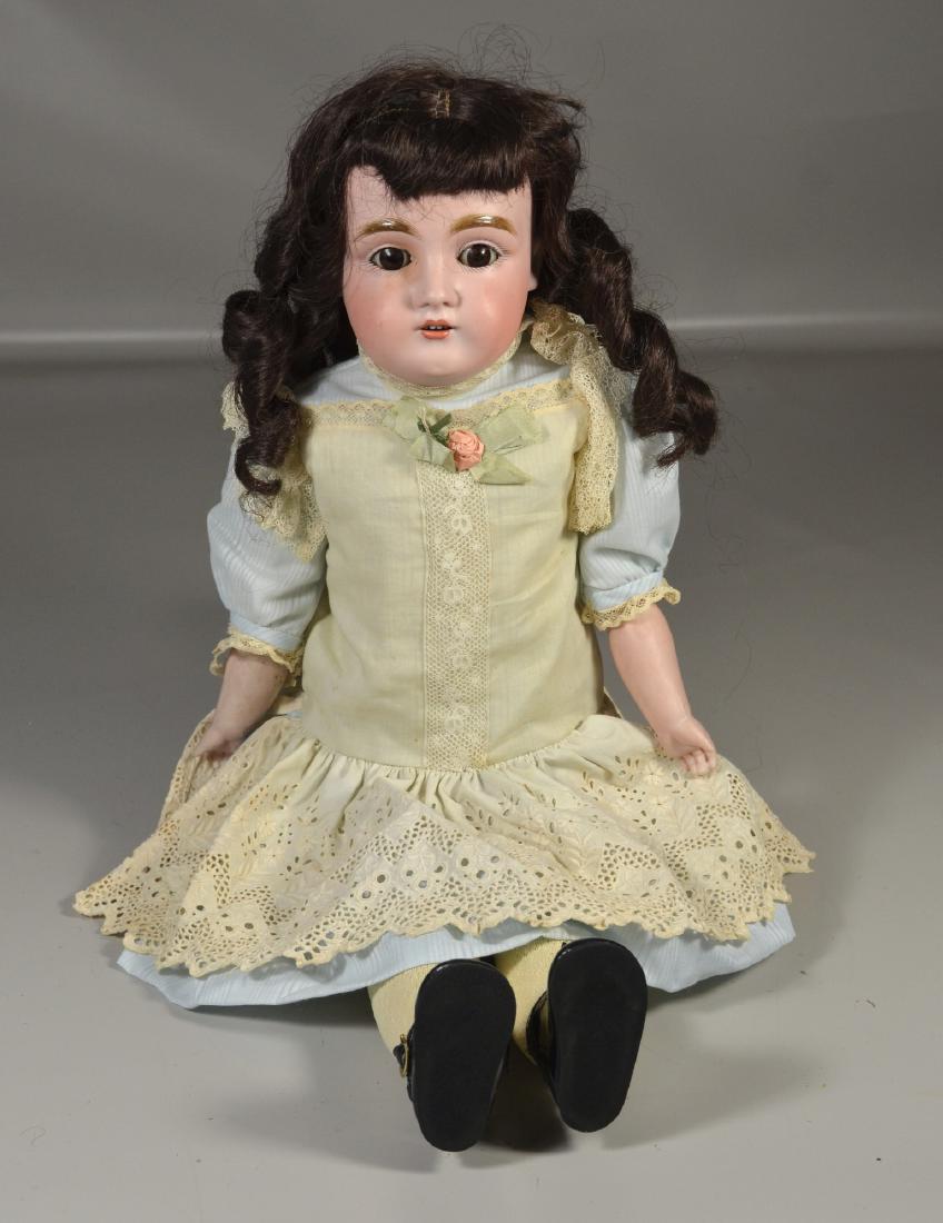 Kestner bisque shoulder head doll mold 154, on kid: Kestner bisque shoulder head doll mold 154, on kid body, rivet joints, sleep eyes, open mouth with teeth, plaster dome, new wig, good condition, 22" tall