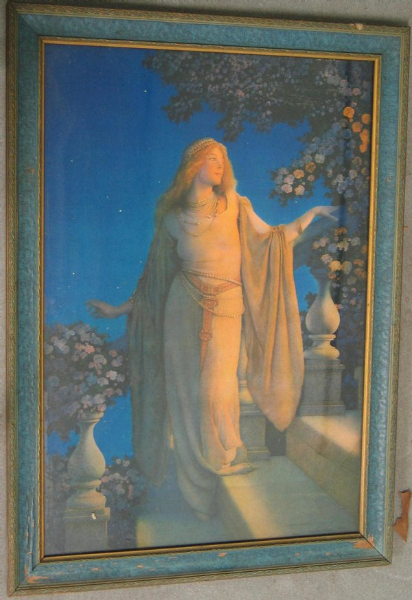 Maxfield Parrish "Enchantment" or "Cinderella" M: Maxfield Parrish American 1870-1966, "Enchantment" or "Cinderella" Mazda calendar head, cropped large size, 21.5" x 14.5" sight size. "Parrish blue" frame with some flaking in paint.