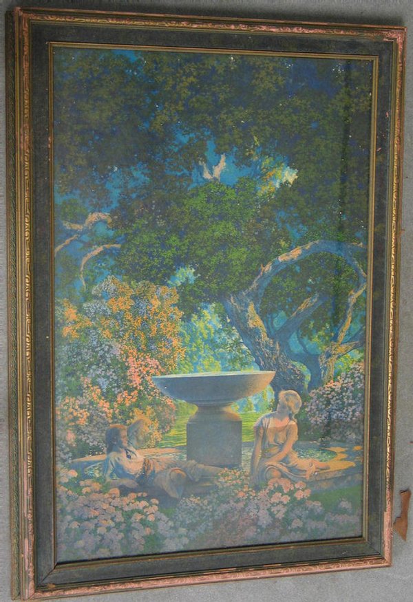 Maxfield Parrish , Reveries, Mazdfa calendar head: Maxfield Parrish , American, 1870-1966, "Reverie" 21.5" x 14.5" sight size. Mazfa calendar head, "Parrish blue" frame with some flaking in paint.