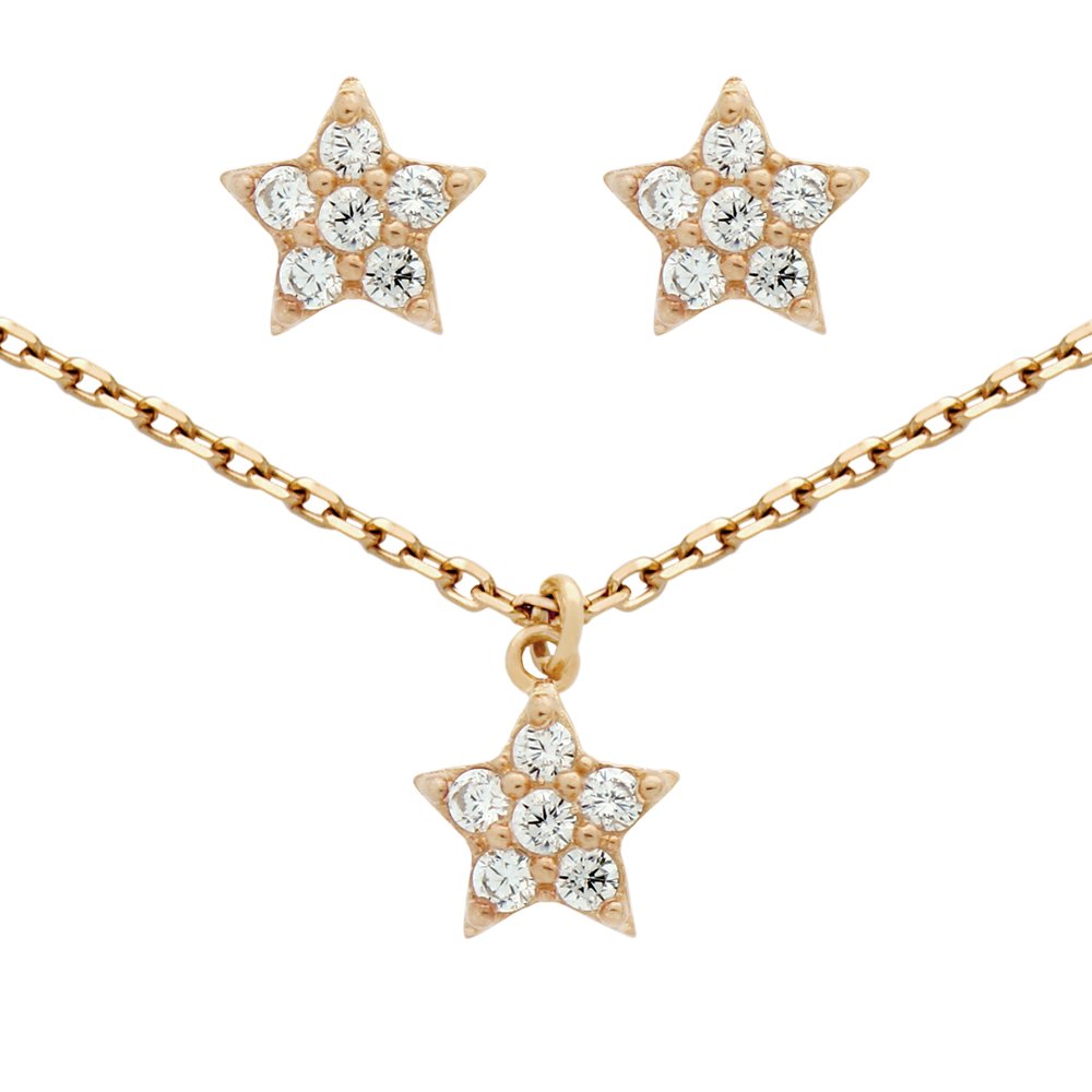 ROSE GOLD PLATED SET: CZ CLUSTER STAR EARRINGS AND: -.925 Sterling Silver, Nickel-free, Rose Gold plated -Pave CZ star post earrings -Star CZ cluster necklace 16" + 2" -Three piece set with: earrings and necklace -925 Auctions guarantees our Sterling s