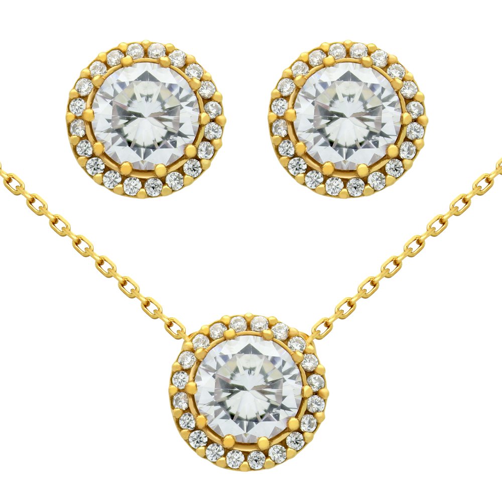 GOLD PLATED SET: 7.5MM ROUND CZ EARRINGS AND 16+2": -.925 Sterling Silver, Nickel-free, Gold plated -Round CZ post earrings -Round CZ necklace in 16" + 2" -Three piece set with: earrings and necklace -925 Auctions guarantees our Sterling silver merchan