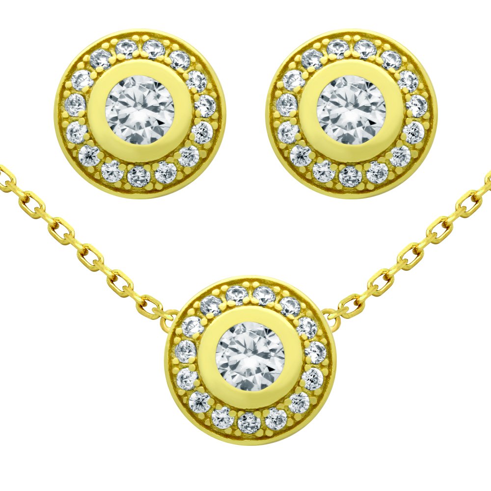 GOLD PLATED SET: ELEGANT ROUND CZ EARRINGS AND 18": -.925 Sterling Silver, Nickel-free, Gold plated -Elegant round CZ earrings -Elegant round CZ necklace 18" -Three piece set with: earrings and necklace -925 Auctions guarantees our Sterling silver merc