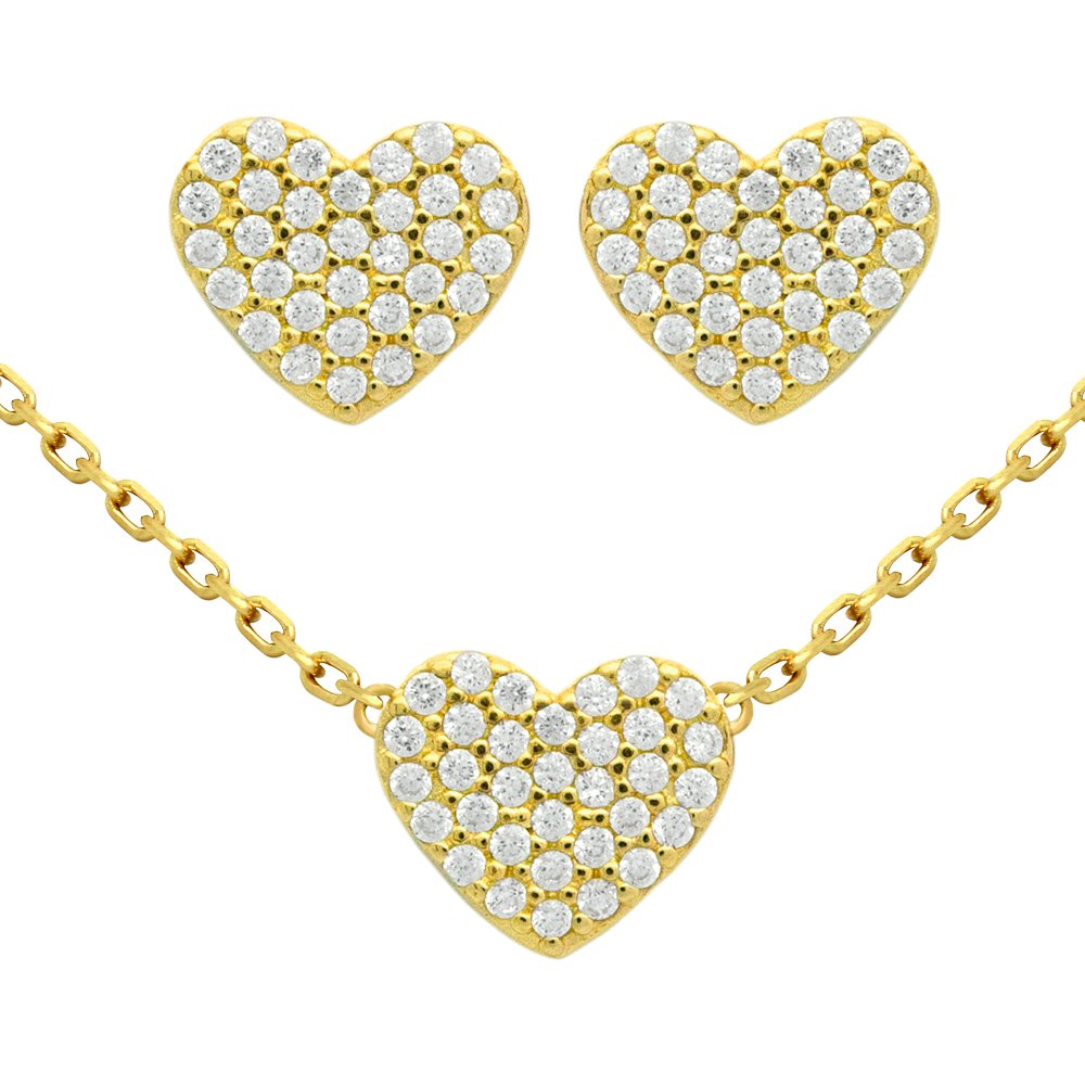 GOLD PLATED SET: HEART SHAPED CZ PAVE EARRINGS AND: -.925 Sterling Silver, Nickel-free, Gold plated -Heart earrings with CZ pave -CZ pave heart necklace 16" + 2" -Three piece set with: earrings and necklace -925 Auctions guarantees our Sterling silver