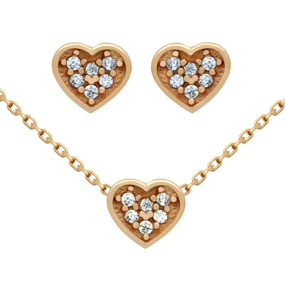 ROSE GOLD PLATED SET: HEART SHAPED CZ CLUSTER EARRINGS: -.925 Sterling Silver, Nickel-free, Rose Gold plated -Heart shaped CZ cluster stud earrings -Heart CZ cluster necklace 16" + 2" -Three piece set with: earrings and necklace -925 Auctions guarantees ou