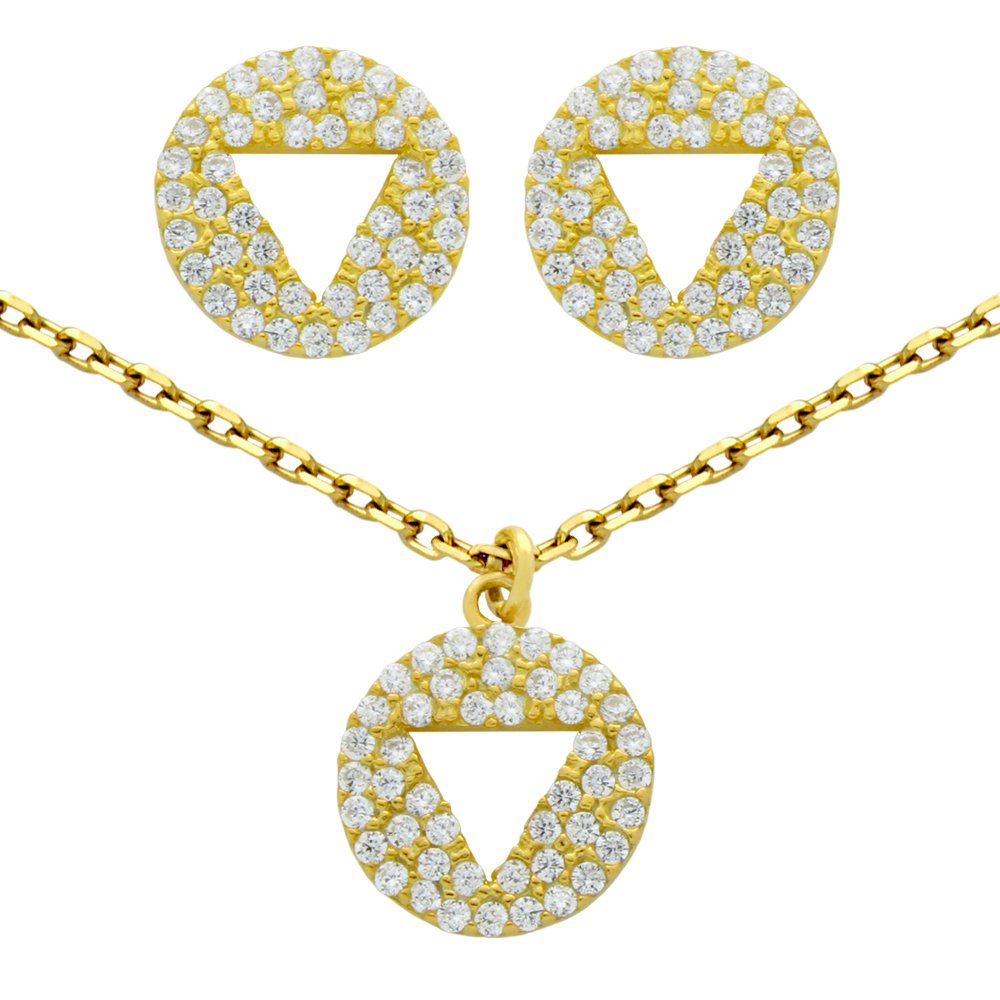 GOLD PLATED SET: CUTOUT TRIANGLE ON CZ DISK STUD: -.925 Sterling Silver, Nickel-free, Gold plated -CZ disk stud earrings with cutout triangle -CZ disk necklace with cutout triangle 16" + 2" -Three piece set with: earrings and necklace -925 Auctions g