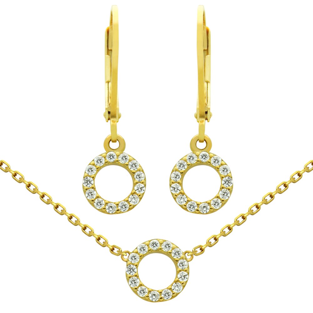 GOLD PLATED SET: 7MM CZ ETERNITY CIRCLE EARRINGS AND: -.925 Sterling Silver, Nickel-free, Gold plated -7mm eternity circle CZ pave leverback earrings -7mm eternity circle CZ pave necklace 16" + 2" -Three piece set with: earrings and necklace -925 Auction