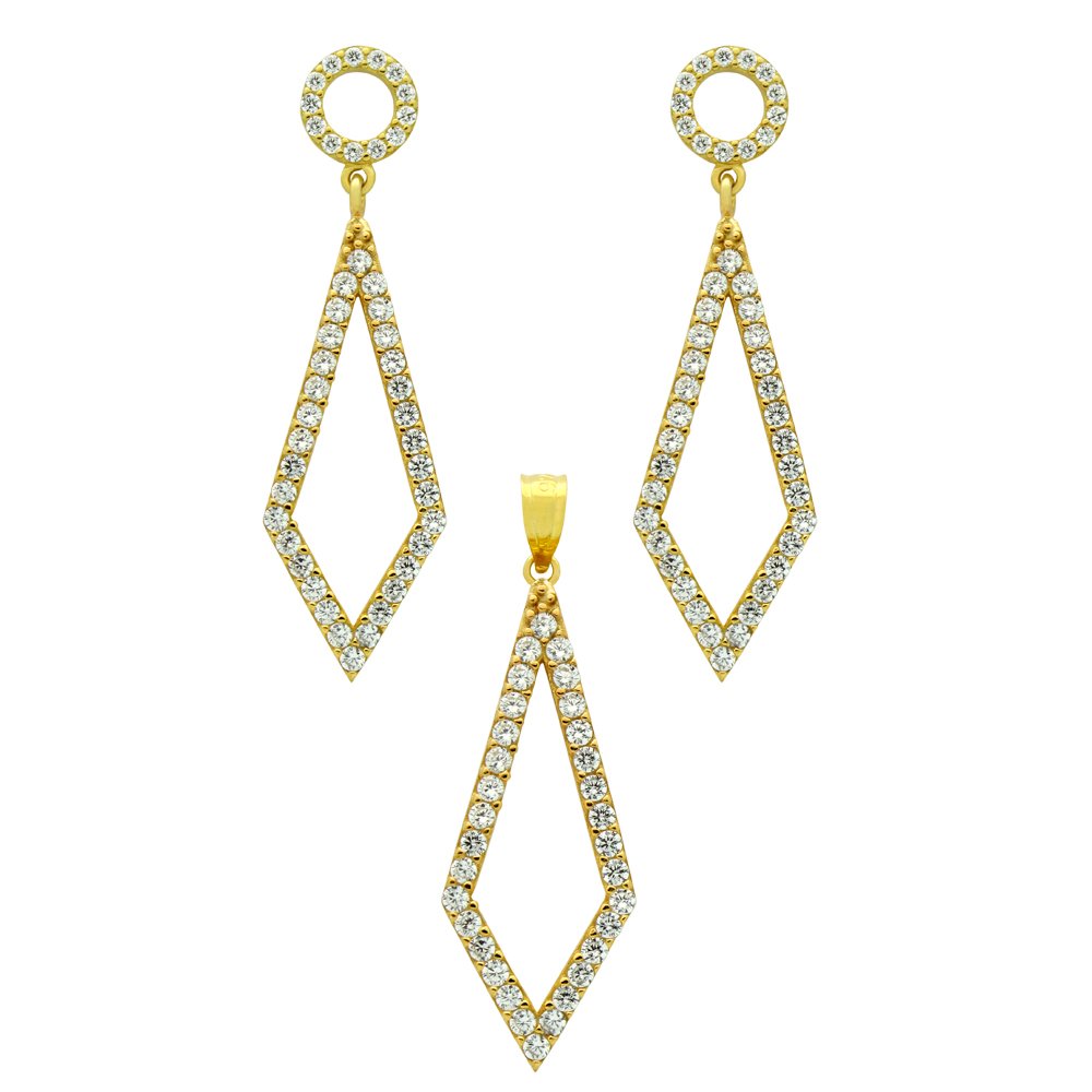 GOLD PLATED SET: KITE SHAPED OUTLINE CZ PAVE EARRINGS: -.925 Sterling Silver, Nickel-free, Gold plated -kite and circle outline CZ pave post earrings, 38x11mm -kite outline CZ pave pendant, 30x11mm -Three piece set with: earrings and pendant -925 Auctions
