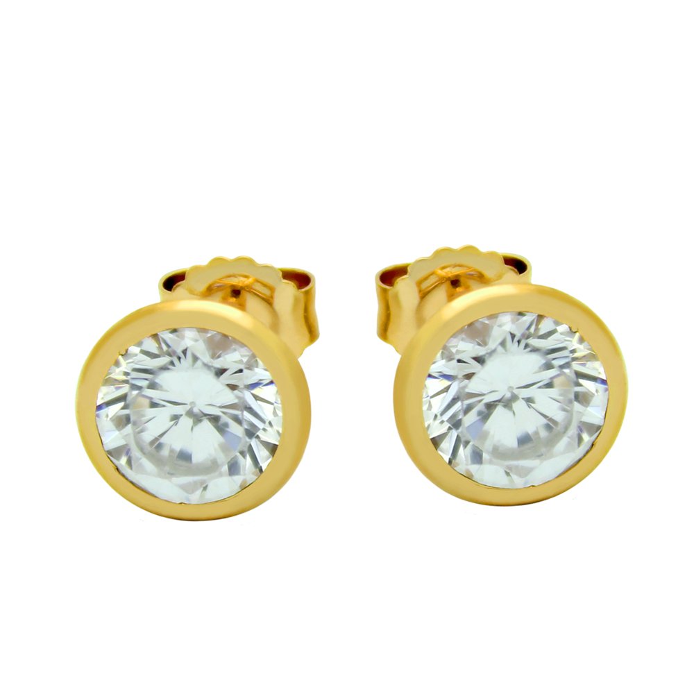 6.5MM GOLD PLATED ROUND BEZEL SET CZ STUD EARRING: -.925 Sterling silver, Nickel-free -Gold plated finish -Round bezel set 6.5mm CZ stone on stud earrings -925 Auctions guarantees that our Sterling silver merchandise is 925 Sterling. This product is p