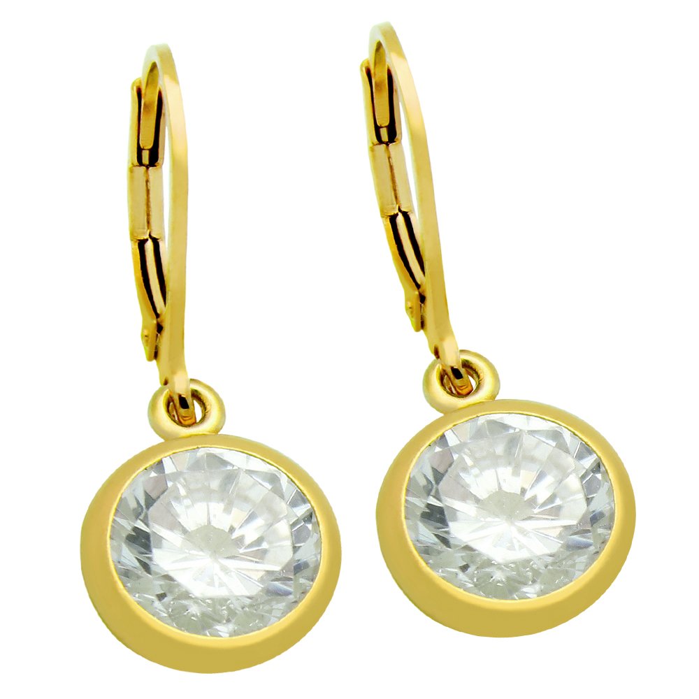 7.5MM GOLD PLATED ROUND BEZEL SET CZ DANGLING EARRINGS: -.925 Sterling silver, Nickel-free -Gold plated finish -Round bezel set 7.5mm CZ stone on dangling leverback earrings -925 Auctions guarantees that our Sterling silver merchandise is 925 Sterling. Thi