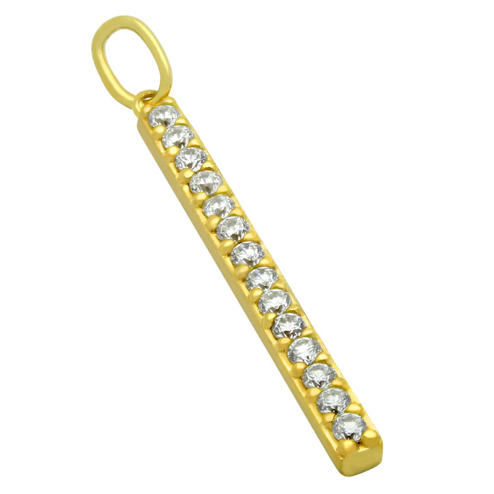 GOLD PLATED 25MM CZ BAR PENDANT: -.925 Sterling silver, Nickel-free -Gold plated finish -Vertical 25mm bar pendant with 14 cz stones -925 Auctions guarantees our Sterling silver merchandise is 925 Sterling This product is proudly mad