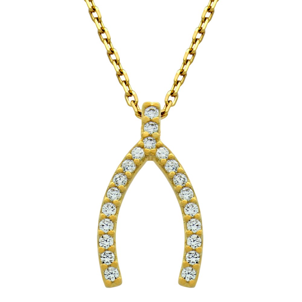 GOLD PLATED SMALL CZ WISHBONE NECKLACE 16" + 2" (1 of 1)