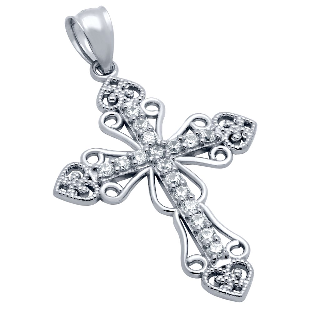 RHODIUM PLATED PAVE CZ INTRICATE CROSS PENDANT (1 of 1)